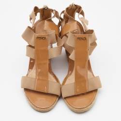 Pre Owned Fendi Beige Patent Leather and Stretch Band Strappy Wedge Sandals Size 36.5