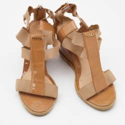 Pre Owned Fendi Beige Patent Leather and Stretch Band Strappy Wedge Sandals Size 36.5