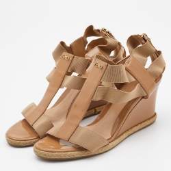Pre Owned Fendi Beige Patent Leather and Stretch Band Strappy Wedge Sandals Size 36.5