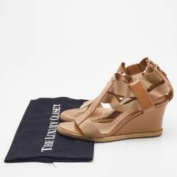 Pre Owned Fendi Beige Patent Leather and Stretch Band Strappy Wedge Sandals Size 36.5