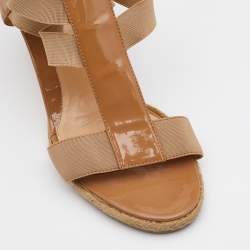 Pre Owned Fendi Beige Patent Leather and Stretch Band Strappy Wedge Sandals Size 36.5