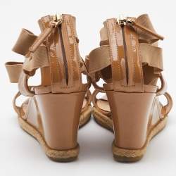 Pre Owned Fendi Beige Patent Leather and Stretch Band Strappy Wedge Sandals Size 36.5