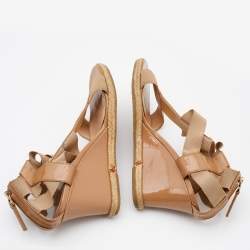 Pre Owned Fendi Beige Patent Leather and Stretch Band Strappy Wedge Sandals Size 36.5