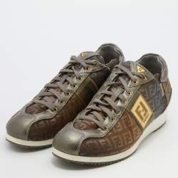 Pre Owned Fendi Multicolor Leather and Zucca Canvas Low Top Sneakers Size 38