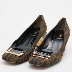 Pre Owned Fendi Brown/Black Zucca Canvas and Patent Leather Square Toe Pumps Size 41