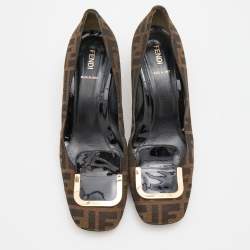 Pre Owned Fendi Brown/Black Zucca Canvas and Patent Leather Square Toe Pumps Size 41