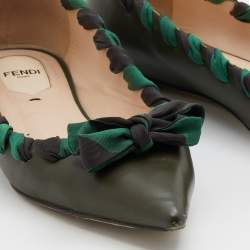 Pre Owned Fendi Dark Green Leather and Fabric Bow Pointed Toe Ballet Flats Size 37
