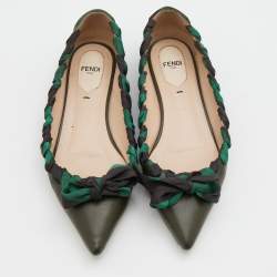 Pre Owned Fendi Dark Green Leather and Fabric Bow Pointed Toe Ballet Flats Size 37