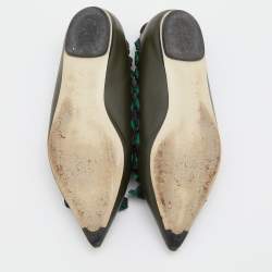 Pre Owned Fendi Dark Green Leather and Fabric Bow Pointed Toe Ballet Flats Size 37