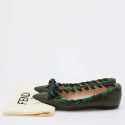 Pre Owned Fendi Dark Green Leather and Fabric Bow Pointed Toe Ballet Flats Size 37