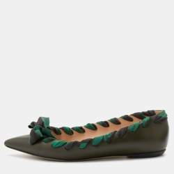 Pre Owned Fendi Dark Green Leather and Fabric Bow Pointed Toe Ballet Flats Size 37