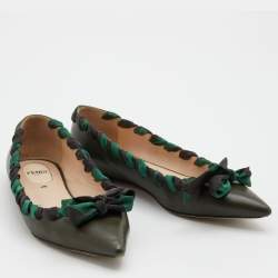 Pre Owned Fendi Dark Green Leather and Fabric Bow Pointed Toe Ballet Flats Size 37