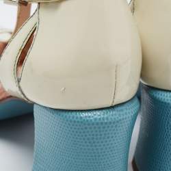 Pre Owned Fendi Cream Patent Leather Peep Toe T-Strap Sandals Size 38.5