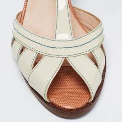 Pre Owned Fendi Cream Patent Leather Peep Toe T-Strap Sandals Size 38.5