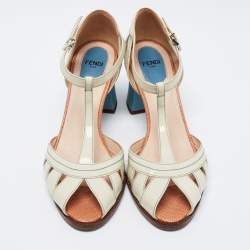 Pre Owned Fendi Cream Patent Leather Peep Toe T-Strap Sandals Size 38.5