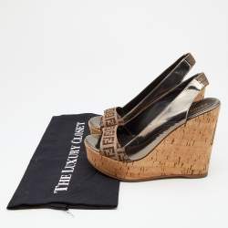 Fendi Brown/Grey Zucca Canvas And Patent Leather Cork Platform Wedge Slingback Sandals Size 36