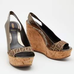 Fendi Brown/Grey Zucca Canvas And Patent Leather Cork Platform Wedge Slingback Sandals Size 36