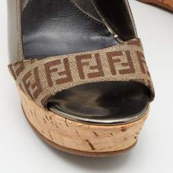Fendi Brown/Grey Zucca Canvas And Patent Leather Cork Platform Wedge Slingback Sandals Size 36