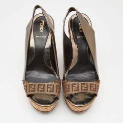 Fendi Brown/Grey Zucca Canvas And Patent Leather Cork Platform Wedge Slingback Sandals Size 36