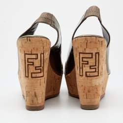 Fendi Brown/Grey Zucca Canvas And Patent Leather Cork Platform Wedge Slingback Sandals Size 36