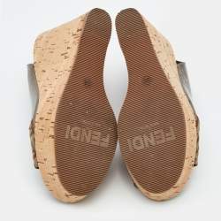 Fendi Brown/Grey Zucca Canvas And Patent Leather Cork Platform Wedge Slingback Sandals Size 36
