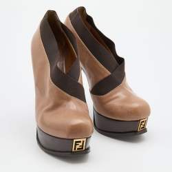 Pre Owned Fendi Brown Leather and Elastic Fendista Criss Cross Platform Booties Size 39