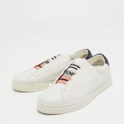 Pre Owned Fendi White Leather Knitted Logo Rockoclick Low Top Sneakers Size 36