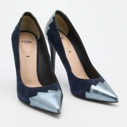 Pre Owned Fendi Navy Blue Suede and Leather Pointed Toe Pumps Size 38.5