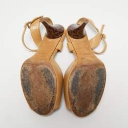 Pre Owned Fendi Beige Leather Zucca Print Heel Peep Toe Ankle Strap Sandals Size 37