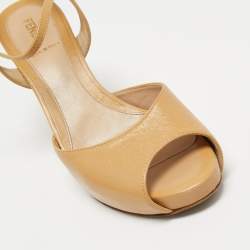Pre Owned Fendi Beige Leather Zucca Print Heel Peep Toe Ankle Strap Sandals Size 37