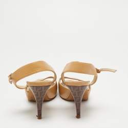 Pre Owned Fendi Beige Leather Zucca Print Heel Peep Toe Ankle Strap Sandals Size 37