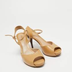 Pre Owned Fendi Beige Leather Zucca Print Heel Peep Toe Ankle Strap Sandals Size 37