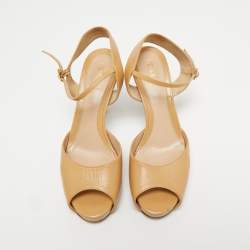 Pre Owned Fendi Beige Leather Zucca Print Heel Peep Toe Ankle Strap Sandals Size 37