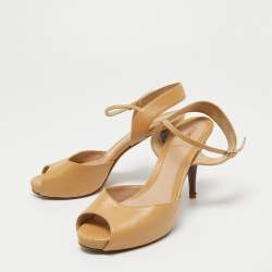 Pre Owned Fendi Beige Leather Zucca Print Heel Peep Toe Ankle Strap Sandals Size 37