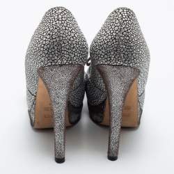 Pre Owned Fendi Silver Textured Fabric Bow Peep Toe Pumps Size 39
