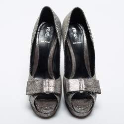 Pre Owned Fendi Silver Textured Fabric Bow Peep Toe Pumps Size 39