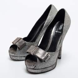Pre Owned Fendi Silver Textured Fabric Bow Peep Toe Pumps Size 39