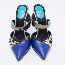 Pre Owned Fendi Multicolor Leather And Calf Hair Roma Mules Sandals Size 35.5