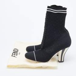 Pre Owned Fendi Black/White Knit Fabric Rockoko Runway Openwork Ankle Boots Size 38