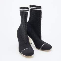 Pre Owned Fendi Black/White Knit Fabric Rockoko Runway Openwork Ankle Boots Size 38