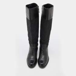Pre Owned Fendi Black Zucchino Canvas and Leather Knee Length Boots Size 40.5