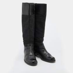 Pre Owned Fendi Black Zucchino Canvas and Leather Knee Length Boots Size 40.5