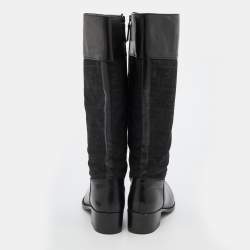 Pre Owned Fendi Black Zucchino Canvas and Leather Knee Length Boots Size 40.5