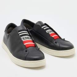 Pre Owned Fendi Black Leather Rockoko Scallop Slip On Sneakers Size 38