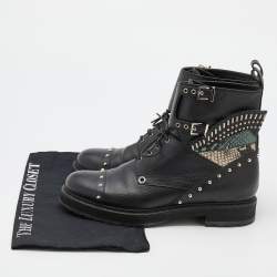 Pre Owned Fendi Black Leather Embellished Buckle Strap Ankle Boots Size 37.5