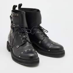 Pre Owned Fendi Black Leather Embellished Buckle Strap Ankle Boots Size 37.5
