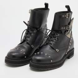 Pre Owned Fendi Black Leather Embellished Buckle Strap Ankle Boots Size 37.5