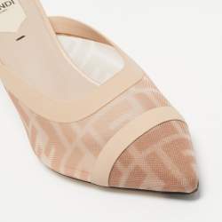 مملوكة مسبقًا Fendi Beige FF Logo Print Mesh and Leather Colibri Mule Size 38