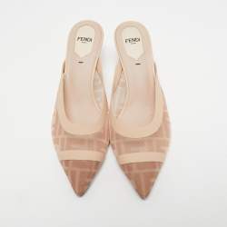 مملوكة مسبقًا Fendi Beige FF Logo Print Mesh and Leather Colibri Mule Size 38