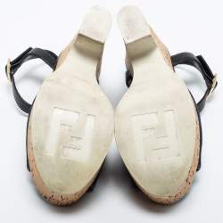Pre Owned Fendi Navy Blue Denim and Lizard Embossed Leather Cork Wedge Platform Ankle Strap Sandals Size 38